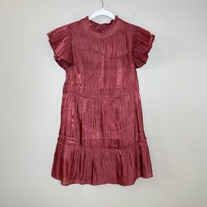 Women's Red Dress Holiday Christmas Shimmer Sparkle Tiered Short Flutter Sleeve